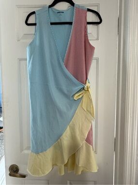 Lands' End Striped Colorblock Wrap Dress in Light Blue, Red, White & Yellow